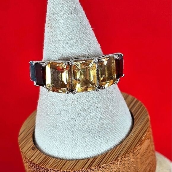 Natural Citrine, Garnet & Blue Topaz 925 Sterling Silver Ring Sz 7.75 - Picture 2 of 9